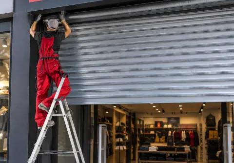 Técnico en una escalera reparando el cierre metálico enrollable de un comercio